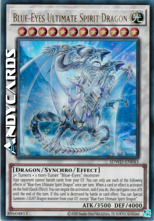blue eyes ultimate dragon yugioh card SDWD-EN043 - Blue-Eyes Spirit - Quarter Century Secret Rare Supplied in a window box with a display stand. Blue-Eyes Ultimate Dragon Yu-Gi-Oh! Super